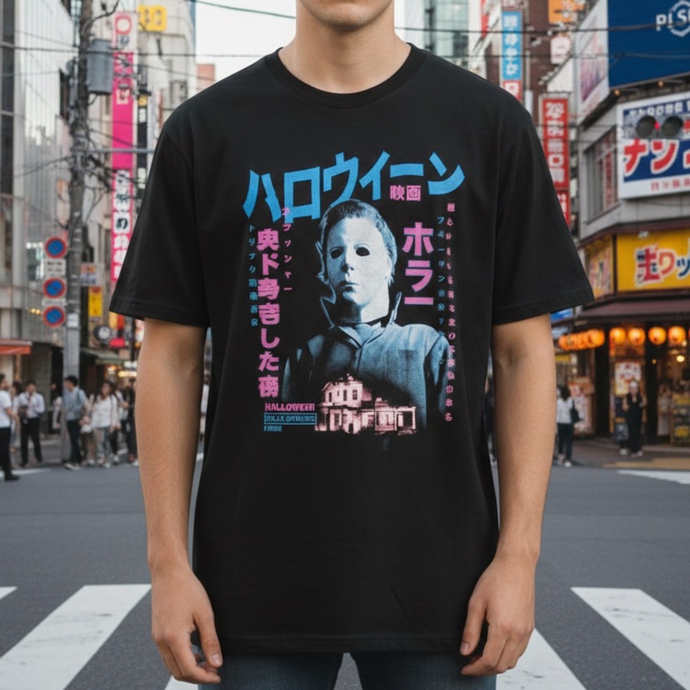 Halloween Men's Black Graphic Tee with Blue and Pink Accents